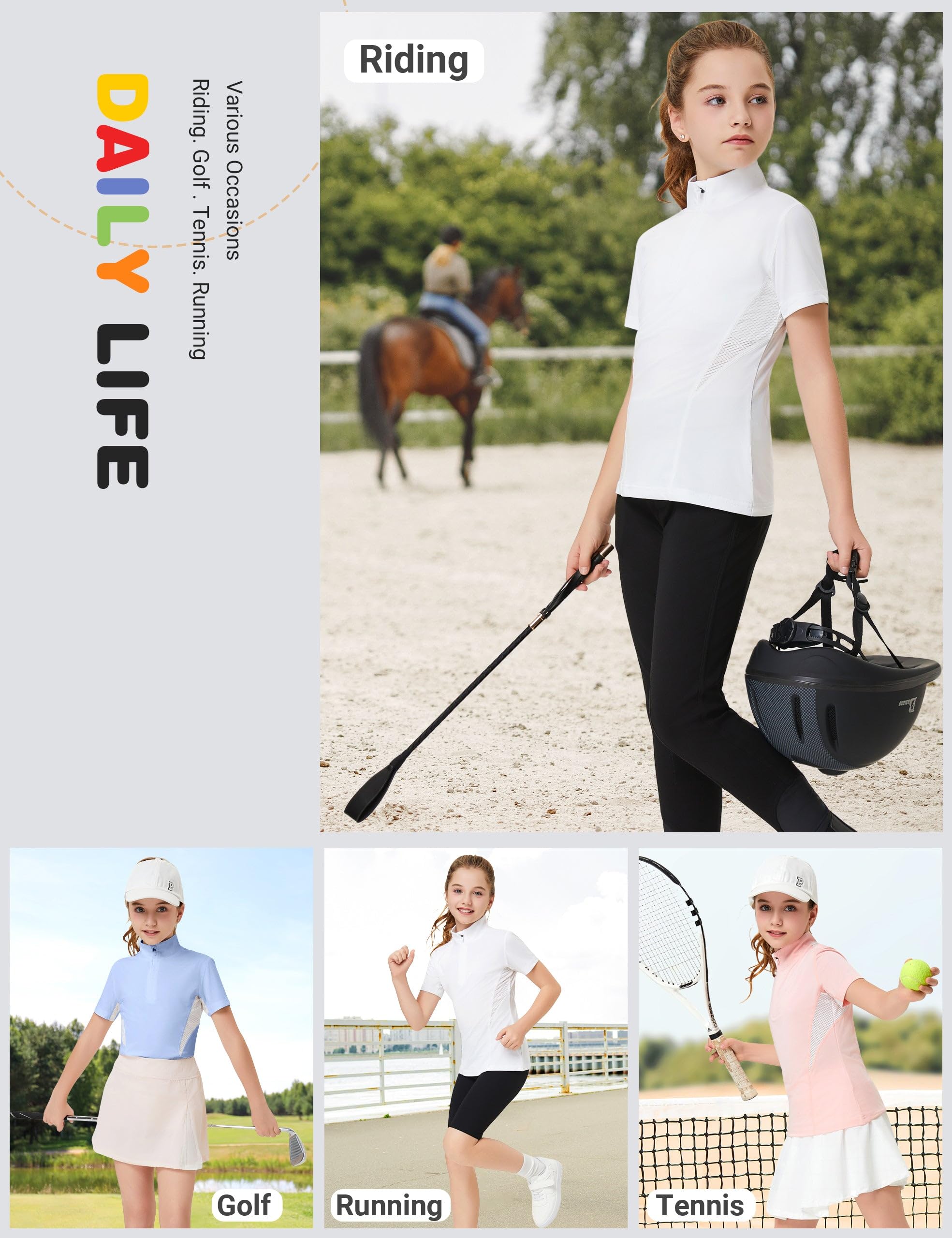FitsT4 Sports Girls Short Sleeve Equestrian Shirt Quick Dry Horse Riding Shirts Half Zip Horseback Show Shirt - Image 6