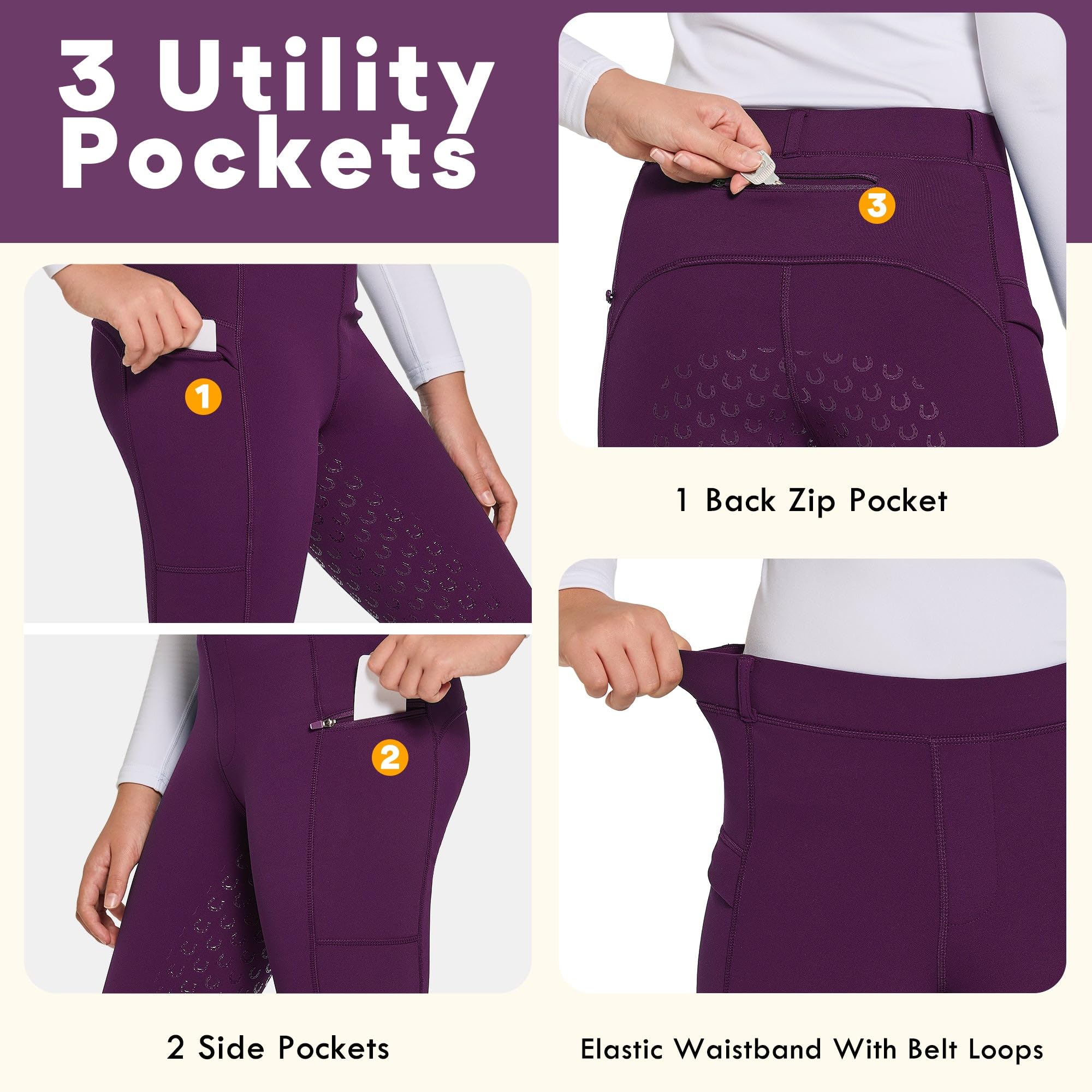 FitsT4 Sports Girls Winter Riding Pants Fleece Lined Riding Breeches Kids Full Seat Equestrian Pants Tights with Pockets - Image 3