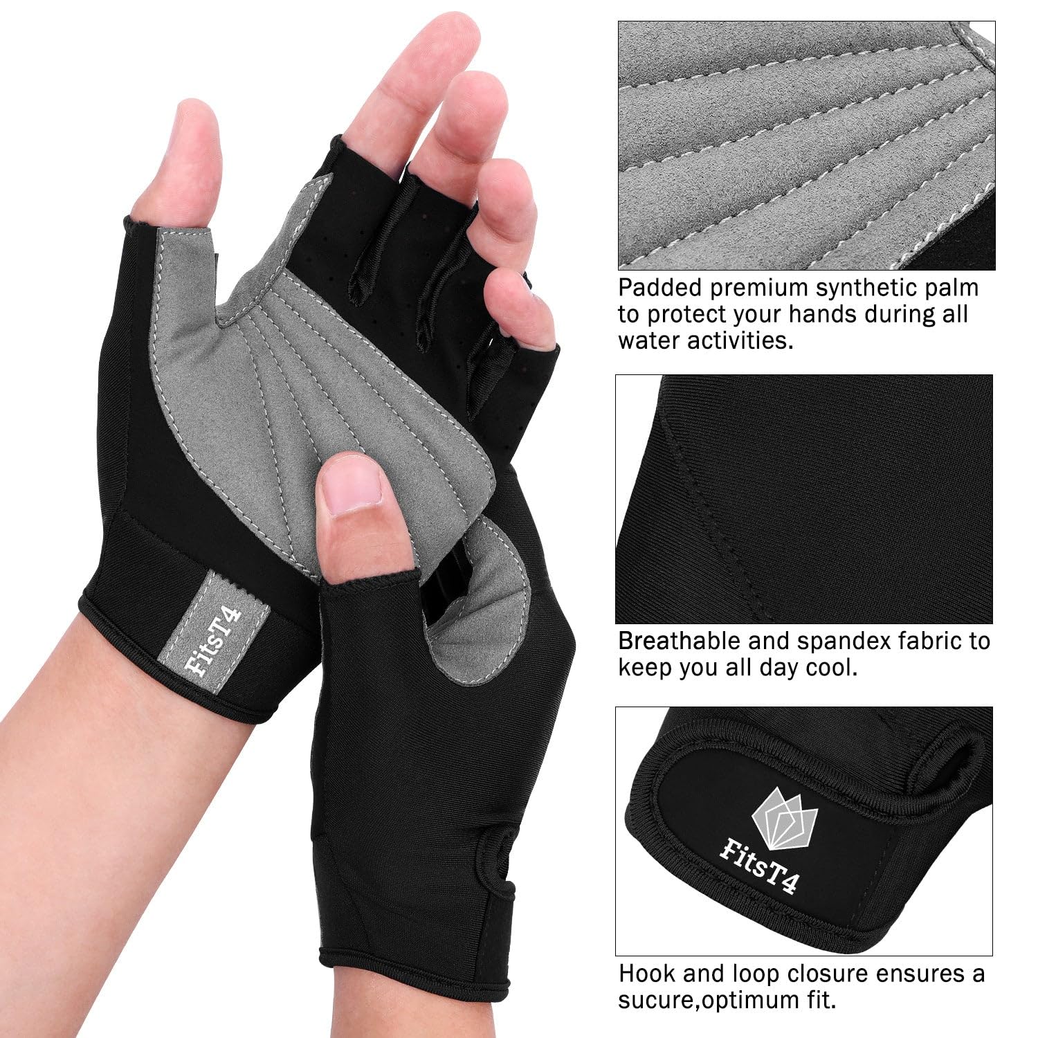 FitsT4 Sports Half Finger Padded Palm Gloves for Diving, Sailing, Jet Skiing, Stand-UP Boarding, Kayaking and Water Skiing, Suitable for Men&Women&Youth - Image 3